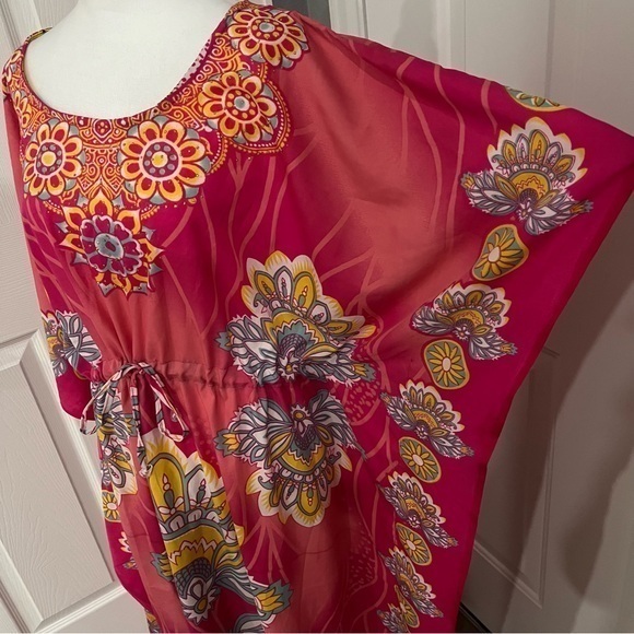 California Vibrant Pink Kaftan Tunic Gold Bling Colorful Waist Tie Women OneSize - Picture 7 of 12